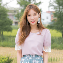 桔熊夏装韩版公主袖拼接透视蕾丝花纯色上衣女大码AB7239图片