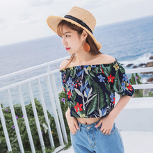 桔熊优惠夏季度假风露肩松紧一字领印花短款上衣女大码AB6821图片