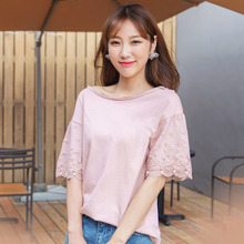 桔熊夏装打底衫T恤女蕾丝拼接钉珠喇叭袖上衣大码AB7154图片