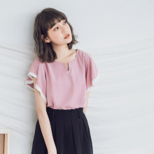 桔熊夏季气质V领蕾丝边荷叶飞飞袖纯色上衣女大码AB7412图片
