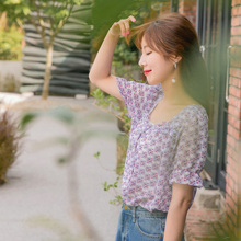 桔熊夏装碎花单排扣方领荷叶边灯笼袖上衣女大码AB7422图片