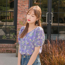 桔熊夏装碎花朵灯笼袖桃心领排扣雪纺衫上衣女大码AB7498图片