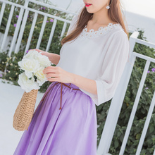 桔熊桔选夏装清新轻薄款暗纹钩花V领灯笼袖上衣女大码AB7061图片