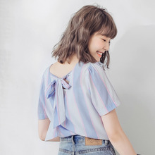 桔熊夏装软妹直条纹后背蝴蝶结系带短袖上衣女大码AB7674图片
