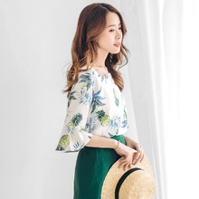 桔熊夏装菠萝印花喇叭袖方领上衣女胖妹妹大码AB7258图片