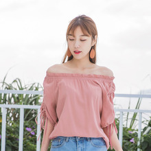 桔熊桔选夏装甜美系带松紧袖荷叶边圆领暗纹上衣女大码AB6960图片