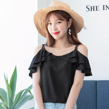 桔熊夏装甜美蕾丝吊带双层荷叶袖露肩上衣女大码AB7358图片
