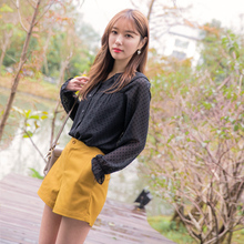 桔熊优惠春装韩系圆点透肤荷叶边翻领喇叭袖衬衫女大码AB5703图片