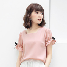 桔熊夏装甜美蝴蝶结灯笼袖方领雪纺衫上衣女大码AB6626图片