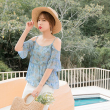 桔熊夏装韩版小清新碎花荷叶边吊带露肩一字领上衣女AB7531图片