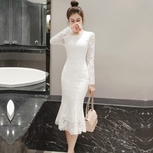 长袖蕾丝长裙鱼尾裙2019秋装新款韩版女性感包臀中长款打底连衣裙