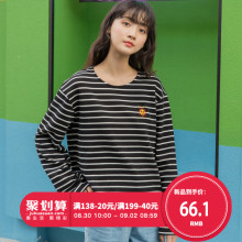 尔给秋衣服2018新款韩版宽松学生圆领原宿刺绣黑白条纹长袖T恤女图片