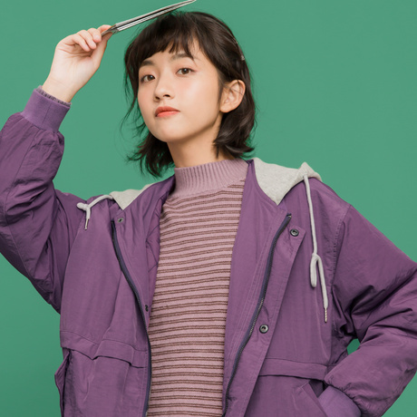 尔给休闲冬天连帽刺绣紫色外套女学生长袖宽松韩版2018新款秋装商品大图