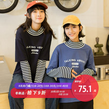 尔给黑色半高领假两件原宿风长袖韩版宽松学生秋装女2018新款上衣图片