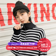 尔给冬季黑白条纹拉链半高领毛衣女2018新款套头加厚韩版宽松学生图片