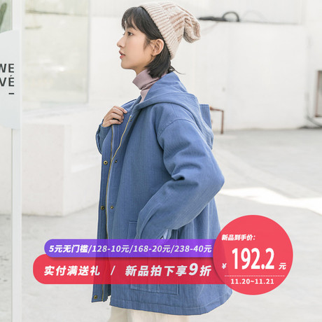 尔给冬季外套2018新款韩版学生宽松加厚蓝色chic棉服女港风中长款商品大图