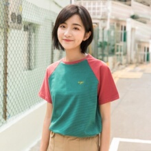 尔给拼色插肩袖条纹t恤女短袖2018新款韩版学生修身夏装上衣撞色图片