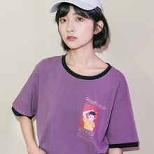 尔给怪味少女上衣bf短袖韩版宽松学生撞色夏季2018新款紫色T恤图片