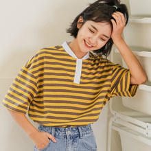 尔给夏装v领上衣女短袖2018新款韩版学生宽松ulzzang彩虹条纹T恤图片