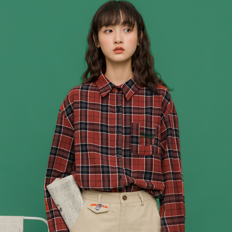 尔给红格子衬衫女学生宽松韩版2018新款方领刺绣chic早秋上衣慵懒商品大图