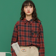 尔给红格子衬衫女学生宽松韩版2018新款方领刺绣chic早秋上衣慵懒图片