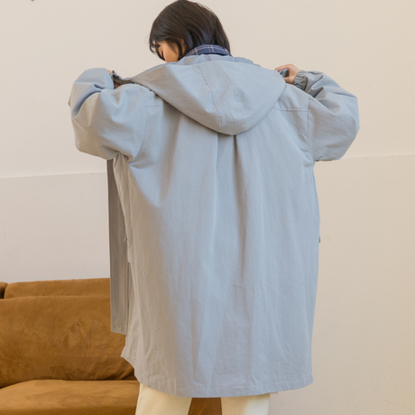 尔给lulu风衣中长款韩版春秋2018新款宽松连帽学生oversize外套女商品大图