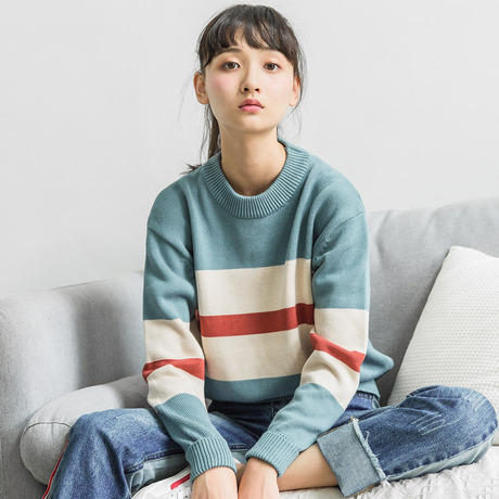 尔给秋季2018新款宽松套头小清新学生慵懒风甜美糖果色条纹毛衣女商品大图