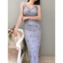 打底吊带开叉裙气质中长款 连衣裙 MISS糖糖家优雅甜美温柔印花修身
