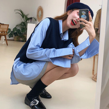 简约翻领长袖 衬衫 格子半身裙 针织背心马甲 Muzly 套装 ins推荐