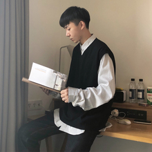 黑色薄款 方寸先生秋季青少年oversize宽松毛线背心韩版 针织马甲潮