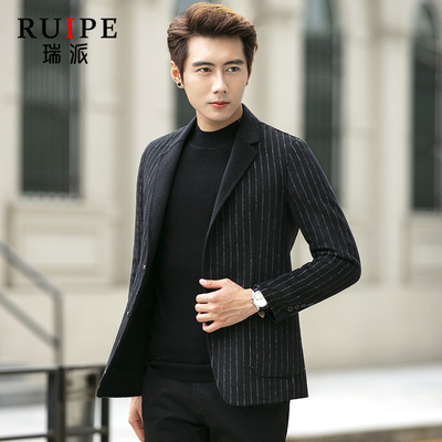 Ruipe秋冬双面呢休闲西装男修身韩版条纹羊毛外套小西装毛呢西服
