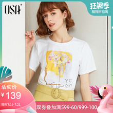 夏短袖 OSA欧莎白色T恤女2019新款 宽松印花上衣ins潮古着感百搭