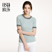 A16041 拼接圆领舒适弹力短袖 新款 针织衫 时尚 OSA欧莎2018春装