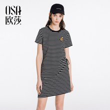 新款 圆领黑白条纹侧边系带连衣裙B13004 OSA欧莎2018夏装