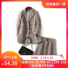 韩国单 Mi**家 chic复古气质混色格纹西装外套+短裙套装ZJN809209