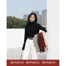purism小高领针织打底衫套头长袖直筒毛衣女2019新款黑色韩版上衣