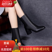 真皮高跟短靴2018秋冬新款 欧洲站方头粗跟女靴加绒女鞋 中筒马丁靴