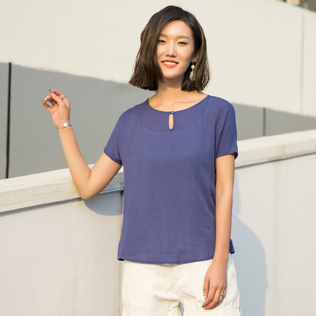 裂帛所在2018夏季新款圆领水滴镂空基础款短袖雪纺衫女 93160625商品大图