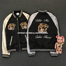 Mossi摩西老虎头刺绣夹克丝绸棒球服春秋情侣款 薄外套黑金银色潮