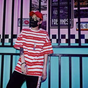 欧美高街宽松oversize条纹短袖