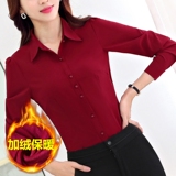2018秋冬新款职业打底衬衣加绒加厚保暖红色衬衫女长袖韩版修身
