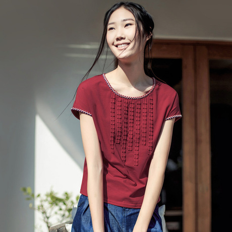 裂帛所在夏装新款圆领刺绣打底衫修身短袖t恤女 53140010商品大图