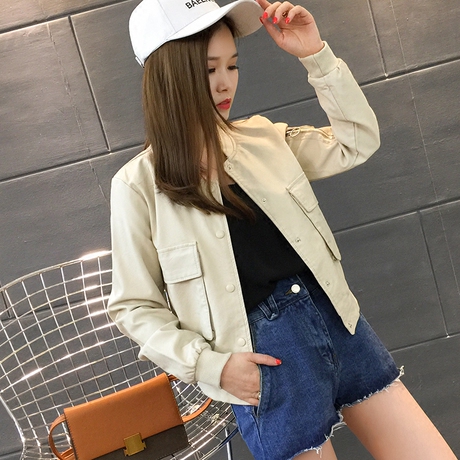 皮衣女PU皮短外套2018新款女装春装韩版长袖棒球领百搭皮夹克女装商品大图