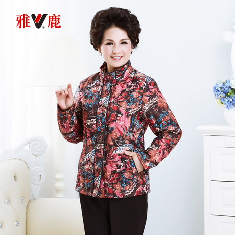 雅鹿新款中老年羽绒服女装长袖立领印花时尚妈妈装加厚保暖内胆女商品大图