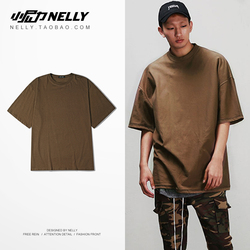 2019夏五分袖潮牌落肩纯色男女情侣复古宽松七分袖中袖短袖T恤潮