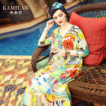 KAMILAN 卡米兰2017夏季新款套头真丝连衣裙女宽松圆领印花中长裙图片