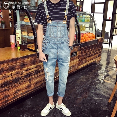破洞牛仔背带裤男士七分连身裤青年夏季修身小脚连体裤吊带裤子潮