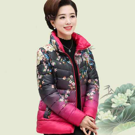 中老年女装冬装羽绒棉棉袄妈妈装短款立领棉服外套40-50岁花棉衣商品大图