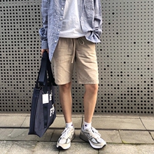 1CHEN/ 夏季新品 男士韩版纯色麻料透气抽绳松紧短裤宽松休闲裤男