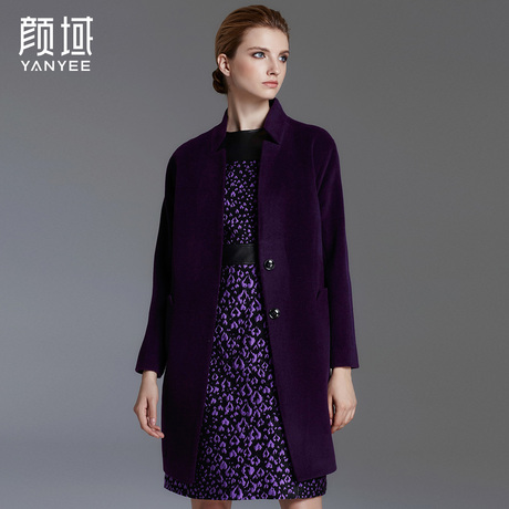 颜域品牌女装2017冬季新款欧美中长款茧型大衣小立领羊毛毛呢外套商品大图